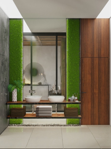  Hai bức tường cây bao quanh chiếc gương lớn mang thiên nhiên vào phòng tắm.