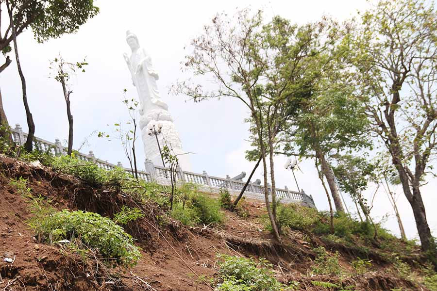 Đất được bồi đắp xung quanh tượng phật Quan Thế Âm Bồ Tát sạt lở, nhiều cây xanh có bộ rễ lộ thiên nhưng không có biển cảnh báo an toàn. Ảnh: G.N Đất được bồi đắp xung quanh tượng phật Quan Thế Âm Bồ Tát sạt lở, nhiều cây xanh có bộ rễ lộ thiên nhưng không có biển cảnh báo an toàn. Ảnh: G.N