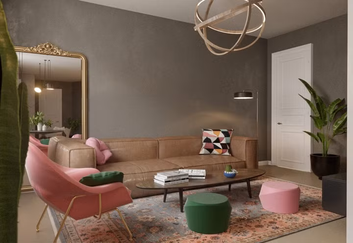 Chọn một tấm thảm lớn chủ nhân đã đóng khung được khu vực tiếp khách mà không cần đến tường ngăn. Tấm gương lớn bên cạnh khiến căn phòng trông rộng hơn so với diện tích. Chọn một tấm thảm lớn chủ nhân đã đóng khung được khu vực tiếp khách mà không cần đến tường ngăn. Tấm gương lớn bên cạnh khiến căn phòng trông rộng hơn so với diện tích.