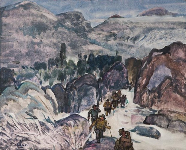 Đường Trường Sơn theo dòng suối, 1995 - Thuốc nước trên giấy, 64 x 80 cm – Họa sĩ Nguyễn Thanh Châu.