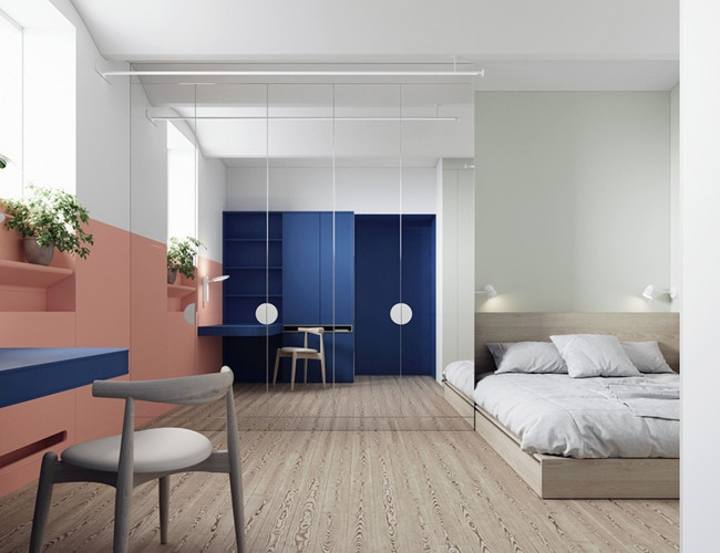 Phòng ngủ cũng được sử dụng những gam màu sôi nổi, một tấm gương lớn giúp tăng chiều rộng cho căn phòng. Phòng ngủ cũng được sử dụng những gam màu sôi nổi, một tấm gương lớn giúp tăng chiều rộng cho căn phòng.