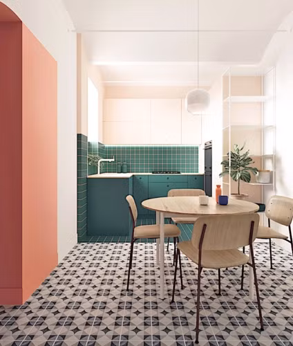 Khác với phòng khách bếp nấu được trang trí bằng những gam màu tươi trẻ như xanh lá cây, hồng, hồng pastel.