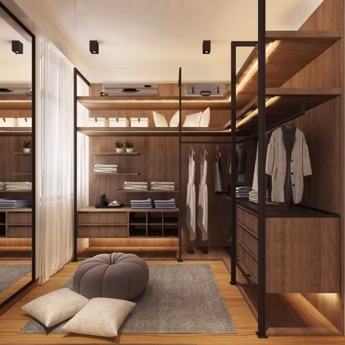 Hệ thống tủ quần áo làm bằng gỗ sang trọng.