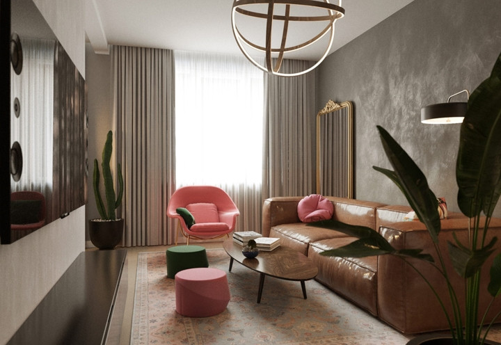 Ghế sofa đơn và đôn ghế màu hồng, xanh thổi luồng gió mới vào phòng khách màu trầm tối.