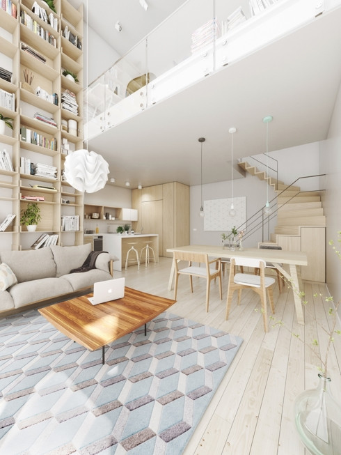  Bếp đặt cạnh cầu thang, cách phòng khách thông qua bộ bàn ăn gỗ nhẹ nhàng.