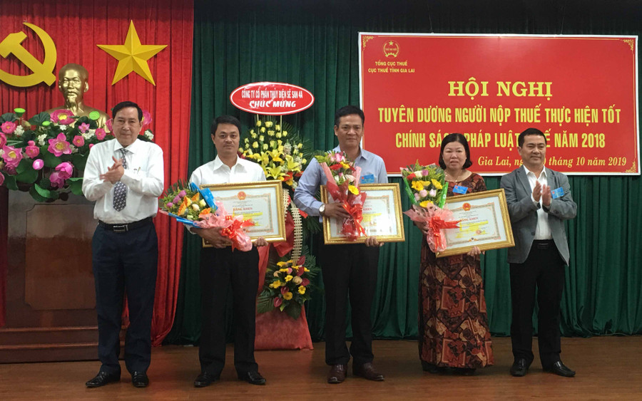 Đồng chí Nguyễn Đức Hoàng, Phó Chủ tịch UBND tỉnh tặng bằng khen cho các DN vì thực hiện tốt nghĩa vụ thuế năm 2018. Ảnh: Hà Duy