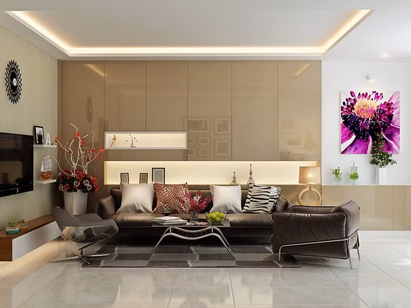  Tủ âm tường phủ kính bóng mờ khiến phòng khách trở nên sáng và sang hơn.