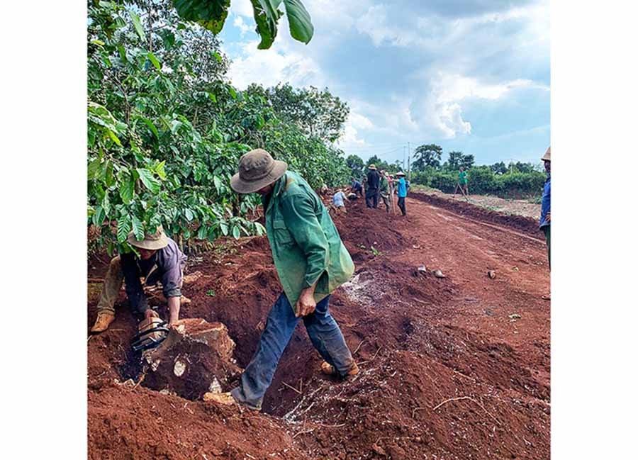 Nhiều hộ dân ở thôn Krun tự nguyện hiến đất, đóng góp sức người, sức của làm đường giao thông nông thôn. Ảnh: N.B Nhiều hộ dân ở thôn Krun tự nguyện hiến đất, đóng góp sức người, sức của làm đường giao thông nông thôn. Ảnh: N.B