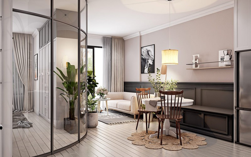 Bàn ăn tròn cùng ghế ăn gắn vào tường, là một cách tiết kiệm diện tích thông minh mà không phải ai cũng nghĩ được.