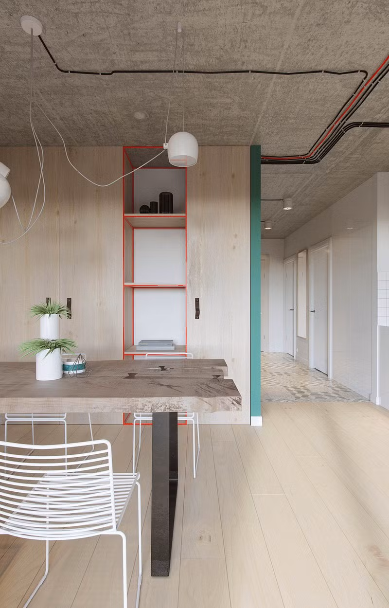 Thay vì giấu dây điện vào trong trần như những kiểu thiết kế thường thấy, trong căn hộ lần này chủ nhân mạnh dạn để dây rơi xuống bàn ăn mang đến cảm giác mới lạ. Thay vì giấu dây điện vào trong trần như những kiểu thiết kế thường thấy, trong căn hộ lần này chủ nhân mạnh dạn để dây rơi xuống bàn ăn mang đến cảm giác mới lạ.