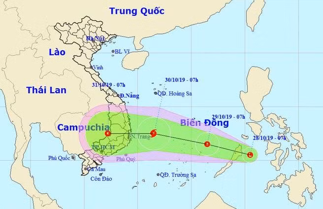Dự báo đường đi của áp thấp hồi 7 giờ ngày 28/10. Ảnh: KTVN