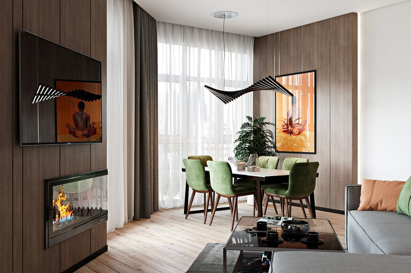 Ngoài nguồn sáng tự nhiên từ cửa sổ, vào ban đêm bàn ăn còn được bổ sung ánh sáng từ chiếc đèn thả trần độc đáo.