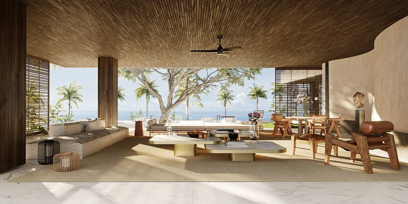 Kiến trúc biệt thự dường như không có sự tách bạch rõ ràng giữa không gian bên trong và bên ngoài. Nhờ vậy mà dù cho ở bất kỳ phòng nào chủ nhà cũng có thể ngắm trọn cảnh biển bên dưới.