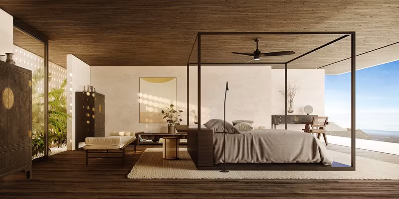 Toàn bộ công trình sử dụng rất ít tường bê tông hay kính mà thay vào đó là kiểu thiết kế mở, hòa mình với thiên nhiên ngay cả nhưng nơi cần sự kín đáo như phòng ngủ.