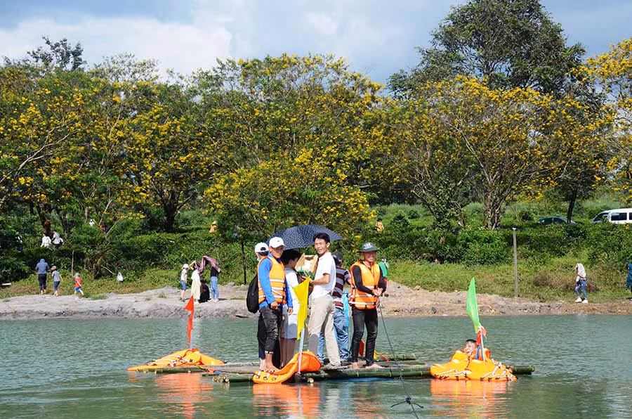  Du khách được đưa sang hồ nước để ngắm hoa muồng vàng. Ảnh: V.H