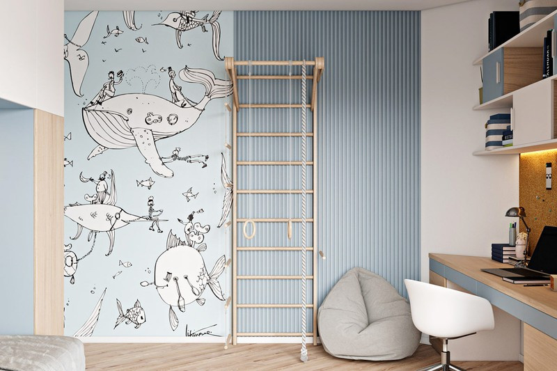 Khu giải trí cũng được trang trí bằng tông màu xanh dịu mắt.