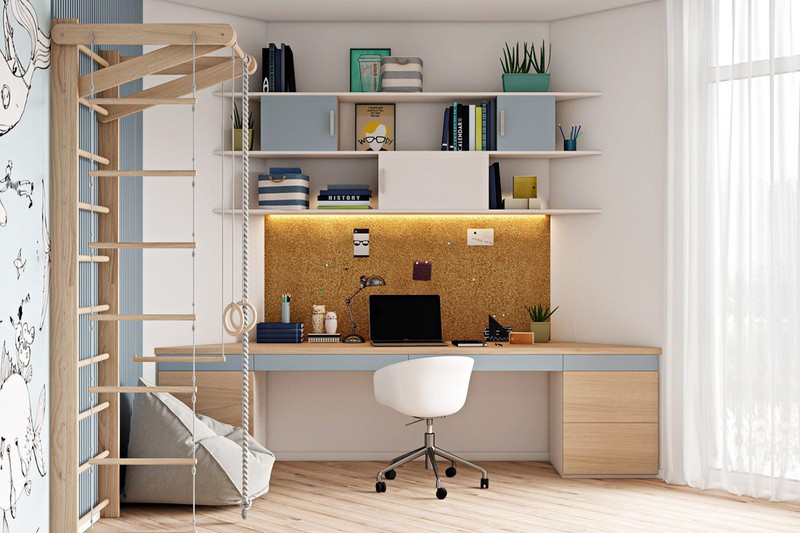 Bàn học đặt cạnh cửa sổ mang ánh sáng tự nhiên vào tận phòng để bé không mắc các bệnh về mắt.