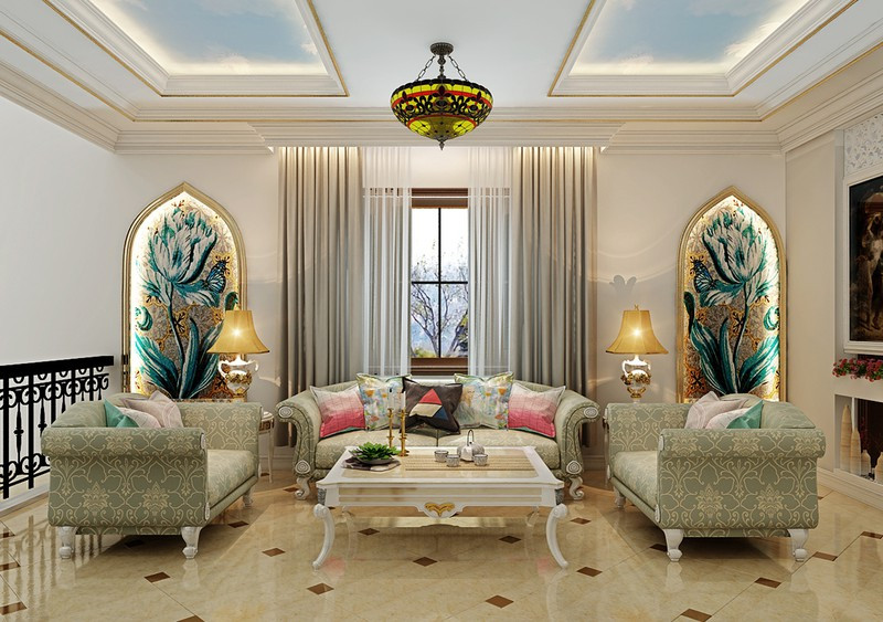 Ghế sofa, tranh treo tường, màn cửa, trần thạch cao sắp xếp đối xứng tăng hiệu quả về mặt thị giác. Ghế sofa, tranh treo tường, màn cửa, trần thạch cao sắp xếp đối xứng tăng hiệu quả về mặt thị giác.