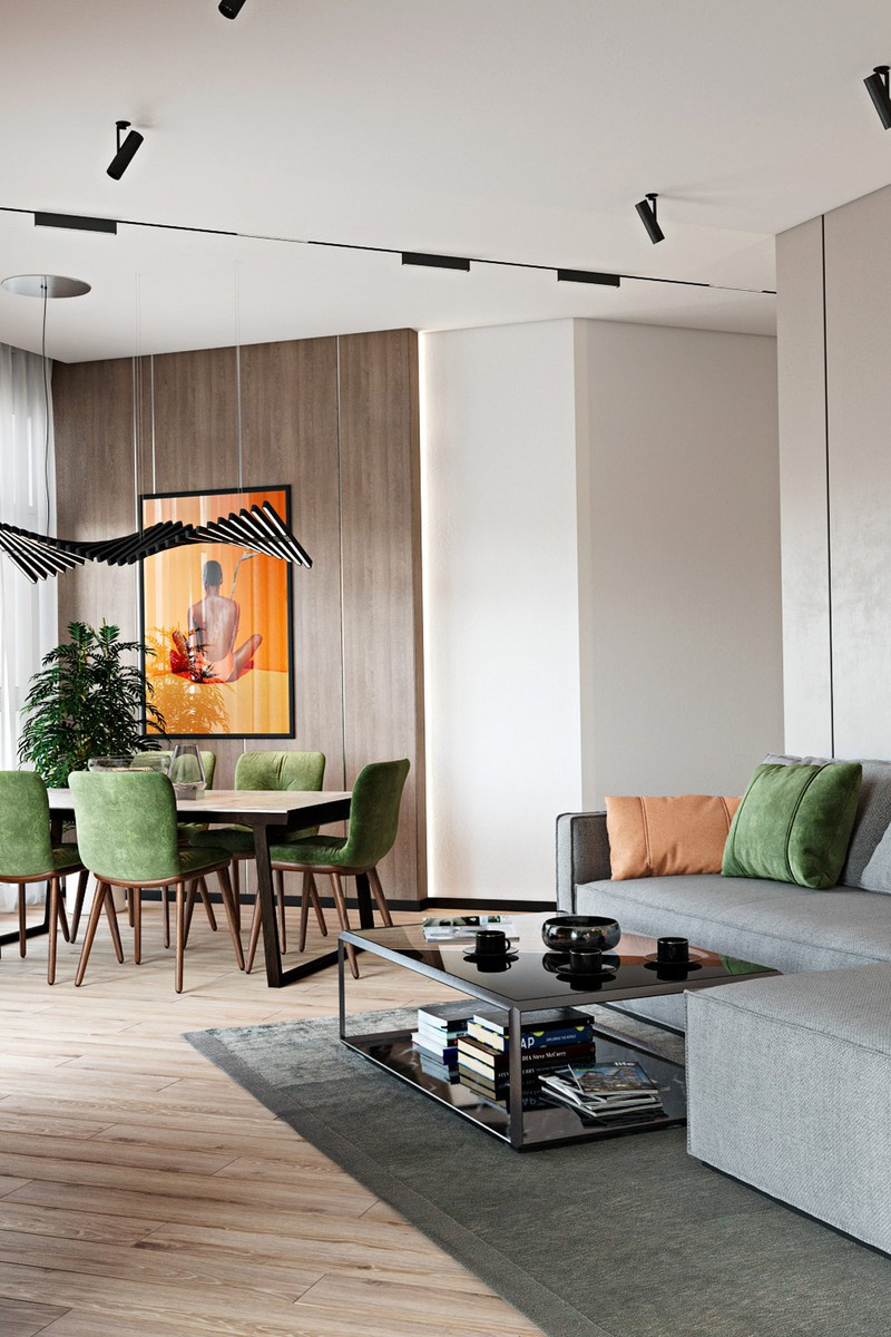 Trong khi ở nhiều căn hộ khác tivi thường đặt cạnh bàn ăn thì căn hộ này lại có cách tiếp cận khác, tivi chỉ đặt ở phòng khách để trẻ em có thể sử dụng bàn ăn làm bài tập mà không bị phân tâm.