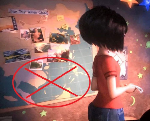 Cảnh bản đồ Trung Quốc có hình ảnh “đường lưỡi bò” phi pháp ở biển Đông trong phim “Everest - Người tuyết bé nhỏ” (Ảnh chụp lại)