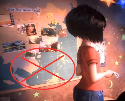 Cảnh bản đồ Trung Quốc có hình ảnh “đường lưỡi bò” phi pháp ở biển Đông trong phim “Everest - Người tuyết bé nhỏ” (Ảnh chụp lại)