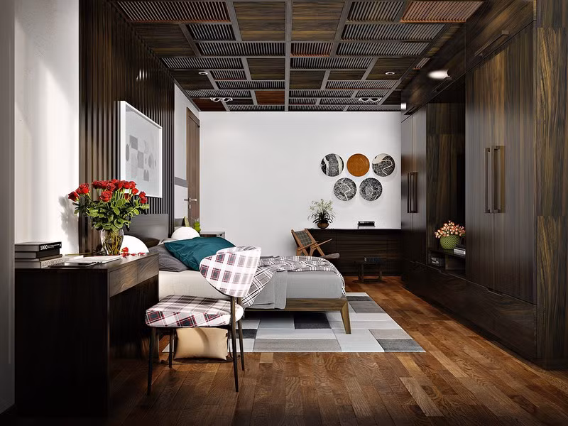  Thiết kế nội thất phòng ngủ hiện đại và độc đáo hơn khi có sự góp mặt của tường gỗ.