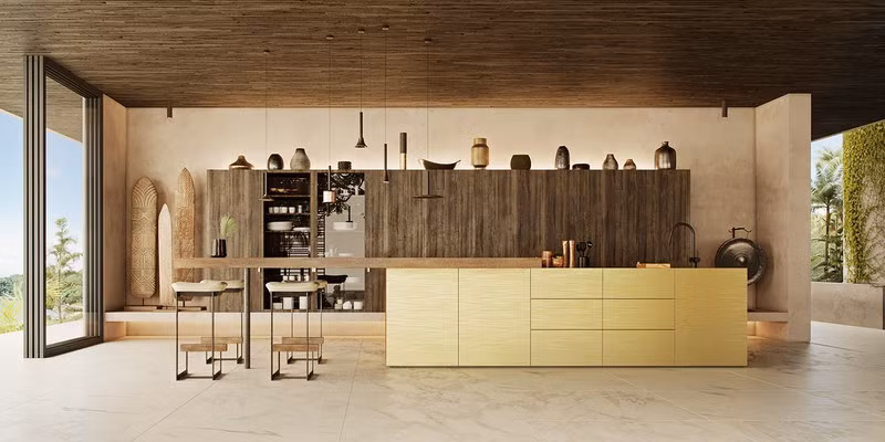  Tủ bếp bằng gỗ được trang trí bằng những món đồ thủ công tinh xảo.