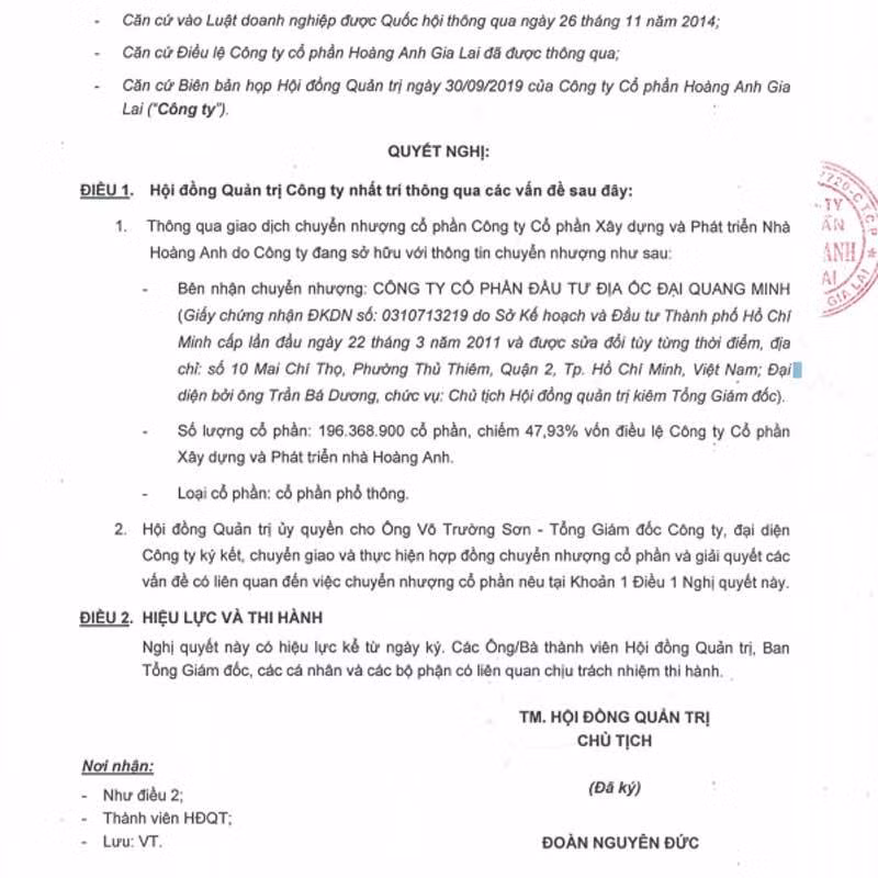 HAG chuyển nhượng gần 200 triệu cổ phiếu HAGL Land cho Quang Minh của tỷ phú Trần Bá Dương.