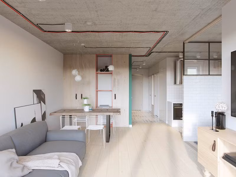 Chủ nhân căn hộ đặt tâm tư và thể hiện phong cách cá nhân ở những chi tiết rất nhỏ như giá đỡ cây bằng sắt, hoa san hô bằng gốm bên cạnh TV, đèn mặt dây chuyền ăn uống màu trắng và một cặp tranh trừu tượng mềm mại.