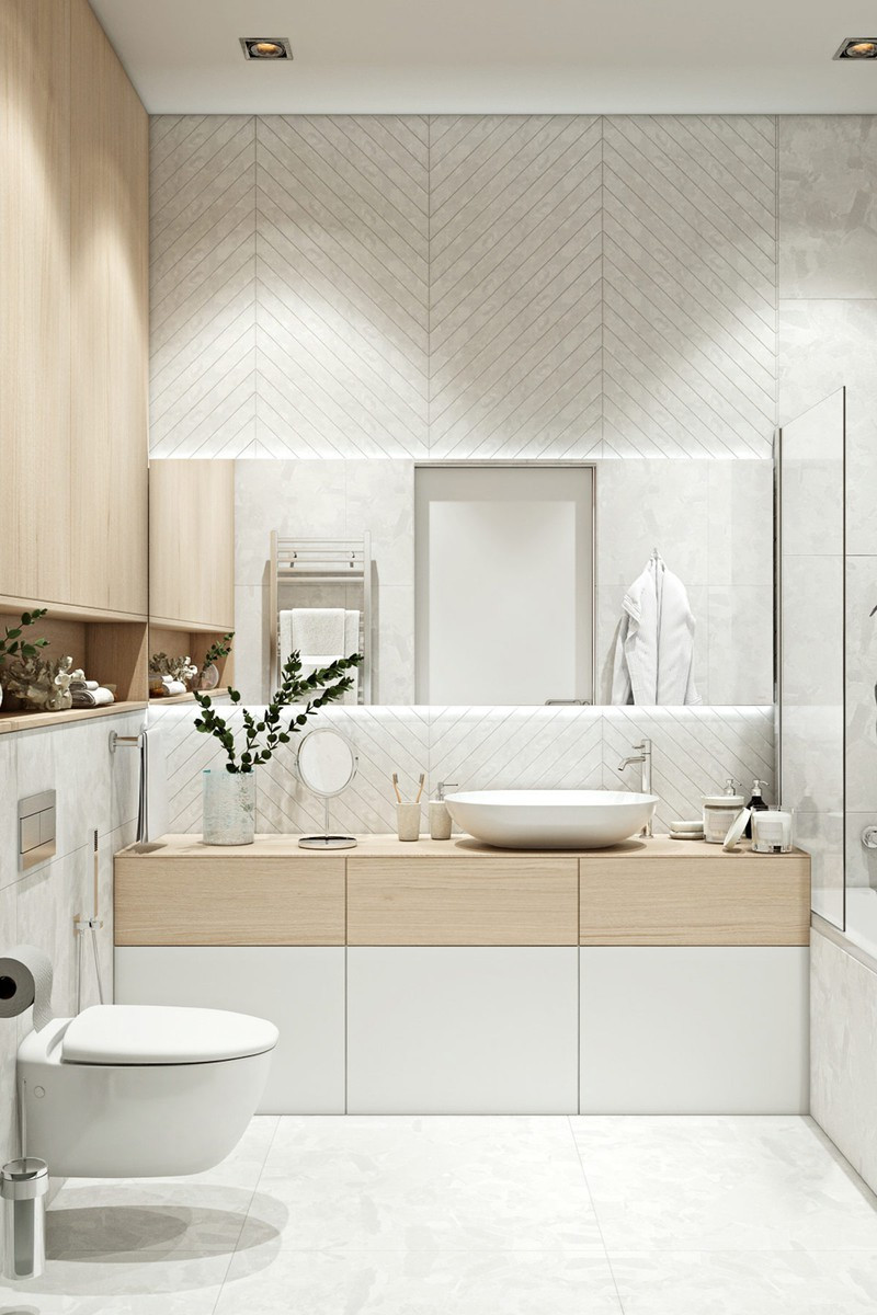 Hai bé sử dụng chung một phòng tắm với màu sắc trong sáng, vui tươi.