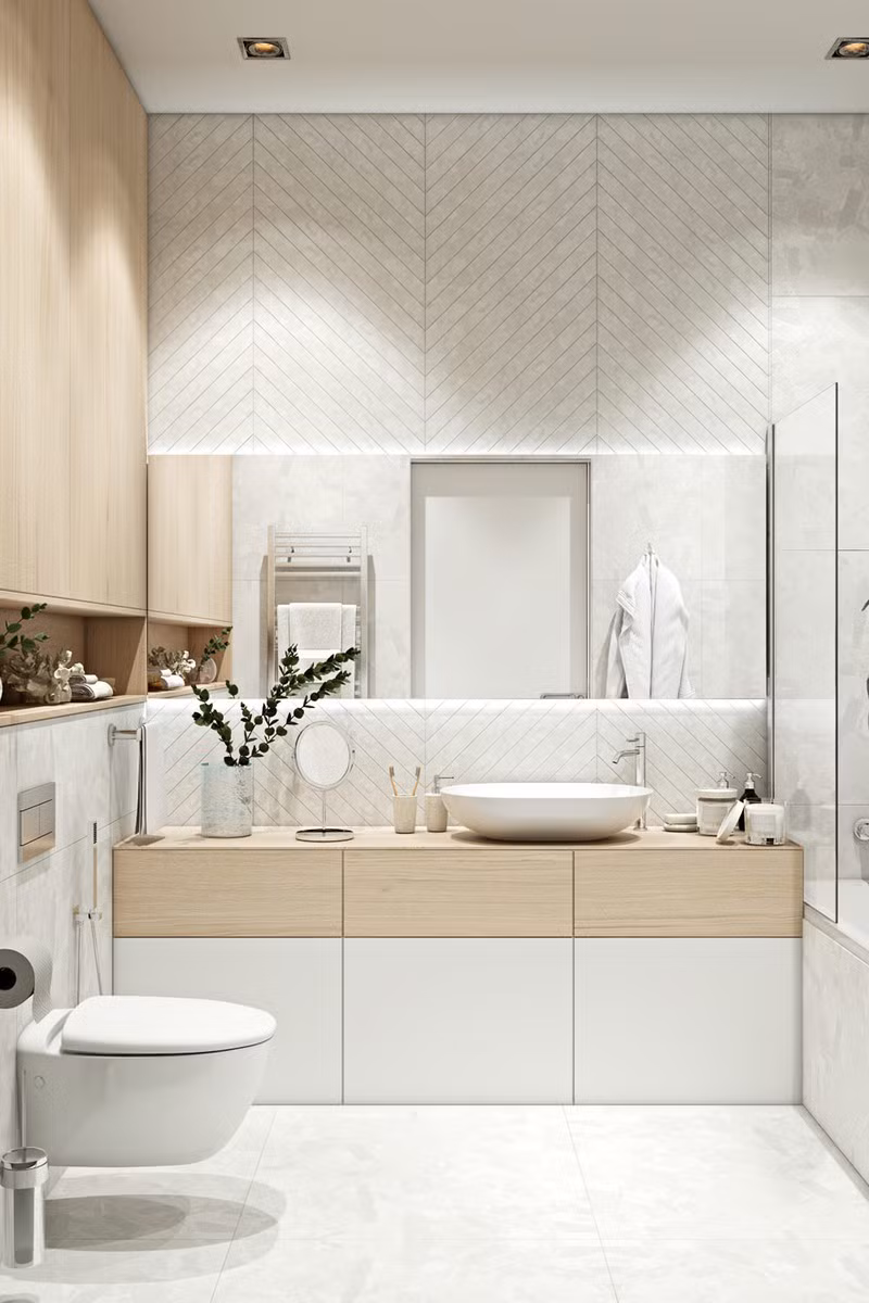 Hai bé sử dụng chung một phòng tắm với màu sắc trong sáng, vui tươi.