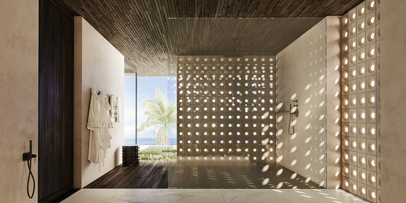 Vách ngăn kính ngăn giữa khu tắm ướt và tắm khô.