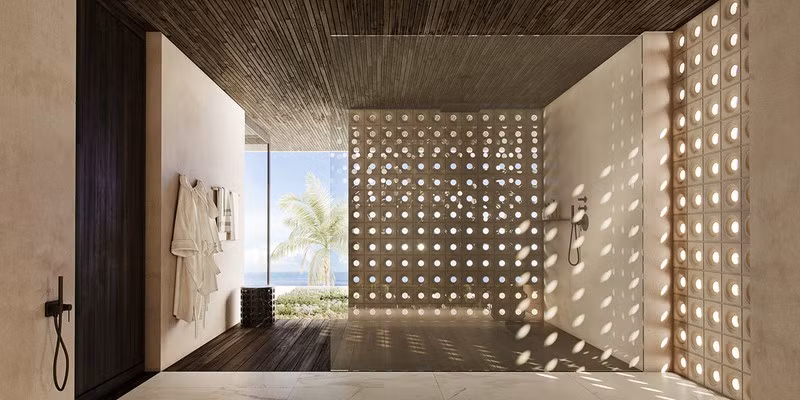 Vách ngăn kính ngăn giữa khu tắm ướt và tắm khô.