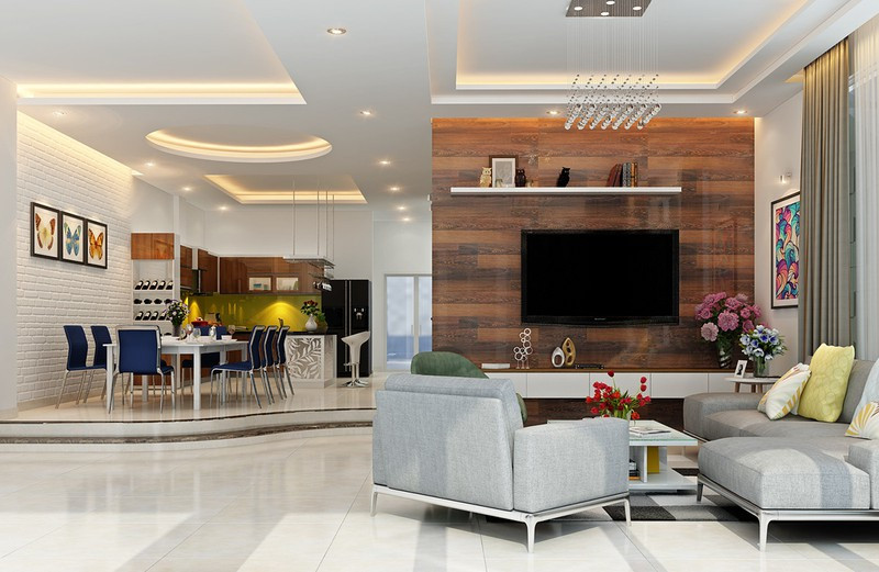 Sàn giật cấp phân chia phòng ăn với phòng khách hiệu quả. Sàn giật cấp phân chia phòng ăn với phòng khách hiệu quả.