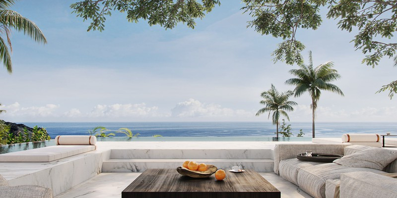 Cạnh hồ bơi là khu vực ghế ngồi tắm nắng và bàn uống cà phê. Thiết kế sàn giật cấp mang đến cảm giác thú vị khi ngồi uống nước hay tán gẫu bên cạnh bờ hồ.