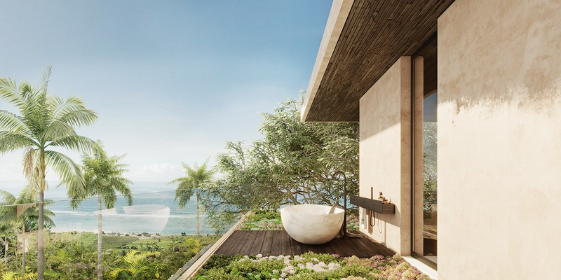  Thú vị hơn, có một phòng tắm mở được đặt ngay ở ban công giúp người sử dụng thưởng thức trọn vẹn khung cảnh thiên nhiên bên ngoài. Lan can bằng kính đảm bảo an toàn cho khu vực tắm mở.