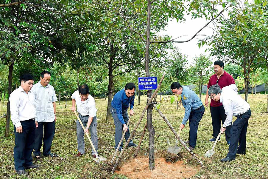 Lãnh đạo các đơn vị trong khối thi đua các cơ quan Đảng tỉnh trồng cây lưu niệm tại khuôn viên Nhà lưu niệm Anh hùng Núp. Ảnh: Đức Thụy