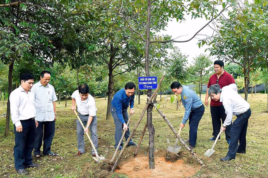 Lãnh đạo các đơn vị trong khối thi đua các cơ quan Đảng tỉnh trồng cây lưu niệm tại khuôn viên Nhà lưu niệm Anh hùng Núp. Ảnh: Đức Thụy