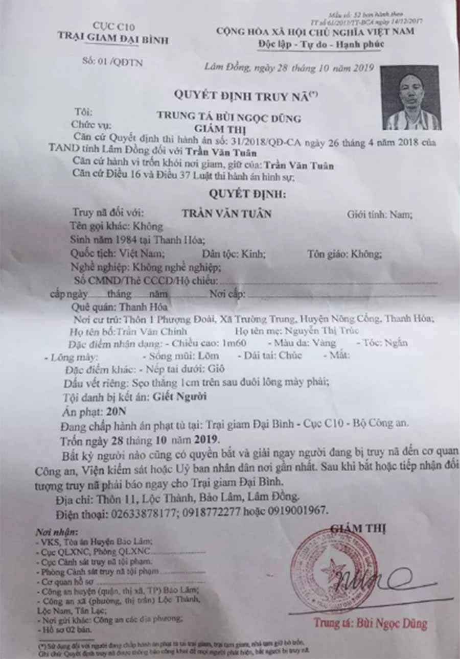  Lệnh truy nã được Trại giam Đại Bình thuộc Cục C10 Bộ Công an phát đi ngày 28-10.