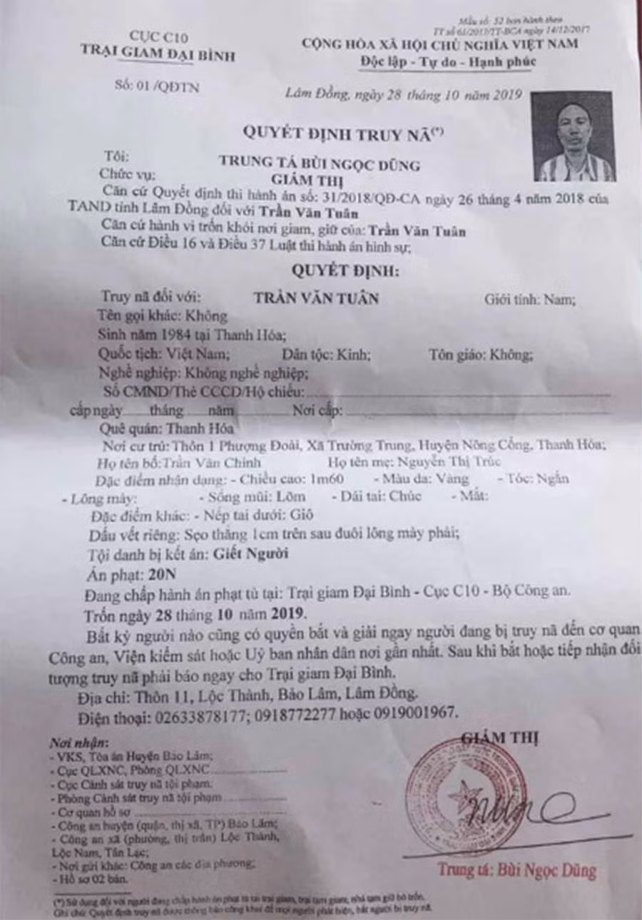  Lệnh truy nã được Trại giam Đại Bình thuộc Cục C10 Bộ Công an phát đi ngày 28-10.