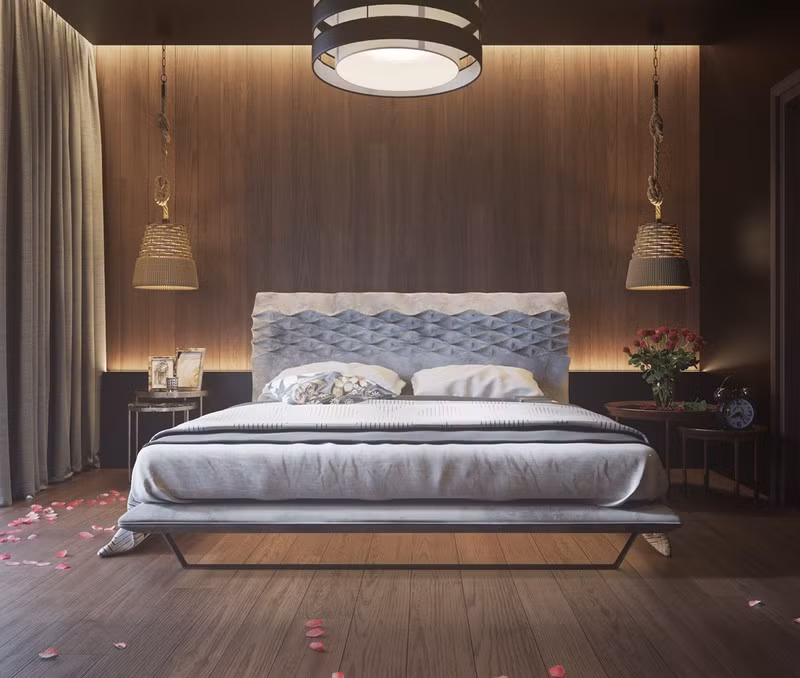  Tường bằng gỗ kết hợp với đèn, góp phần mang đến một phòng ngủ lãng mạn.