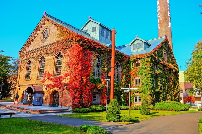  Nhà máy bia Sapporo được bao phủ bởi ba sắc màu - vàng, đỏ, xanh - của những chiếc lá.