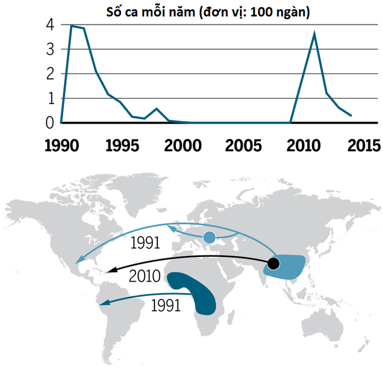 Quá trình vi khuẩn tả đến châu Mỹ trong 2 đợt dịch lớn gần đây - Ảnh: Science Quá trình vi khuẩn tả đến châu Mỹ trong 2 đợt dịch lớn gần đây - Ảnh: Science
