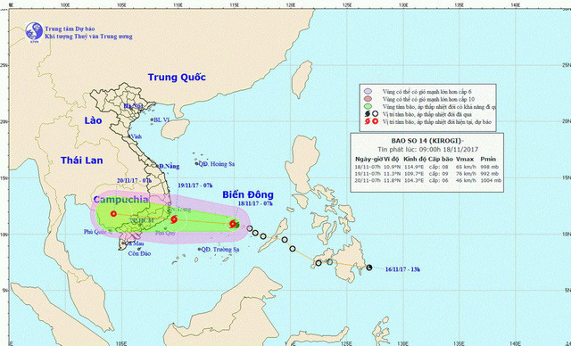 Dự báo đến 10 giờ ngày 19-11, vị trí tâm bão số 14 nằm ngay trên bờ biển các tỉnh Khánh Hòa, Ninh Thuận, Bình Thuận - Ảnh: NCHMF Dự báo đến 10h ngày 19-11, vị trí tâm bão số 14 nằm ngay trên bờ biển các tỉnh Khánh Hòa, Ninh Thuận, Bình Thuận - Ảnh: NCHMF
