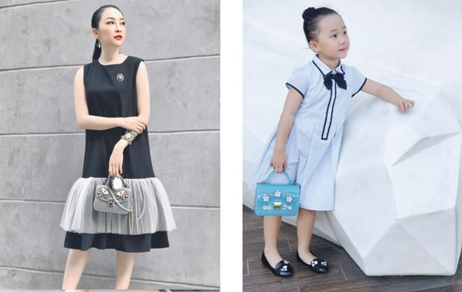 Nếu như đầm suông của Linh Nga có đắp tulle tạo độ phồng nhẹ nhàng thì bé Luna lại mặc đầm suông có chiếc nơ xinh xắn tạo dấu ấn thú vị.