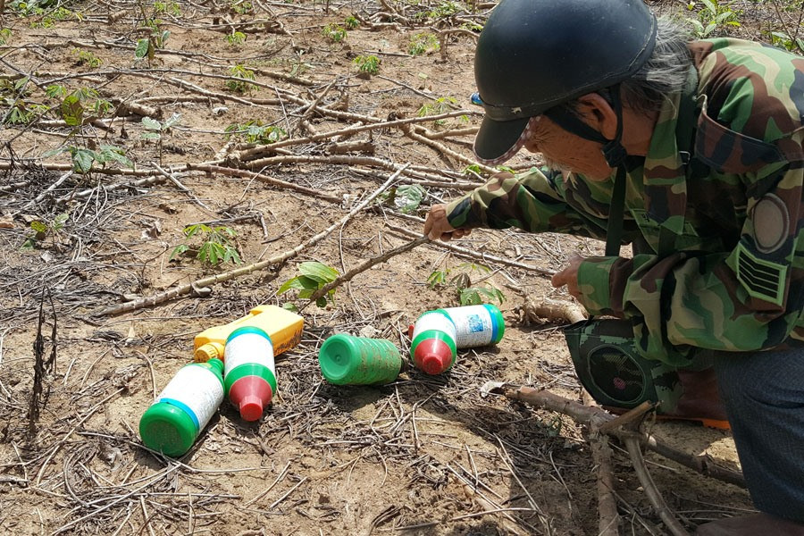 Chai thuốc diệt cỏ nhan nhản ở các nương rẫy của người đồng bào Vân Kiều. Chai thuốc diệt cỏ nhan nhản ở các nương rẫy của người đồng bào Vân Kiều.