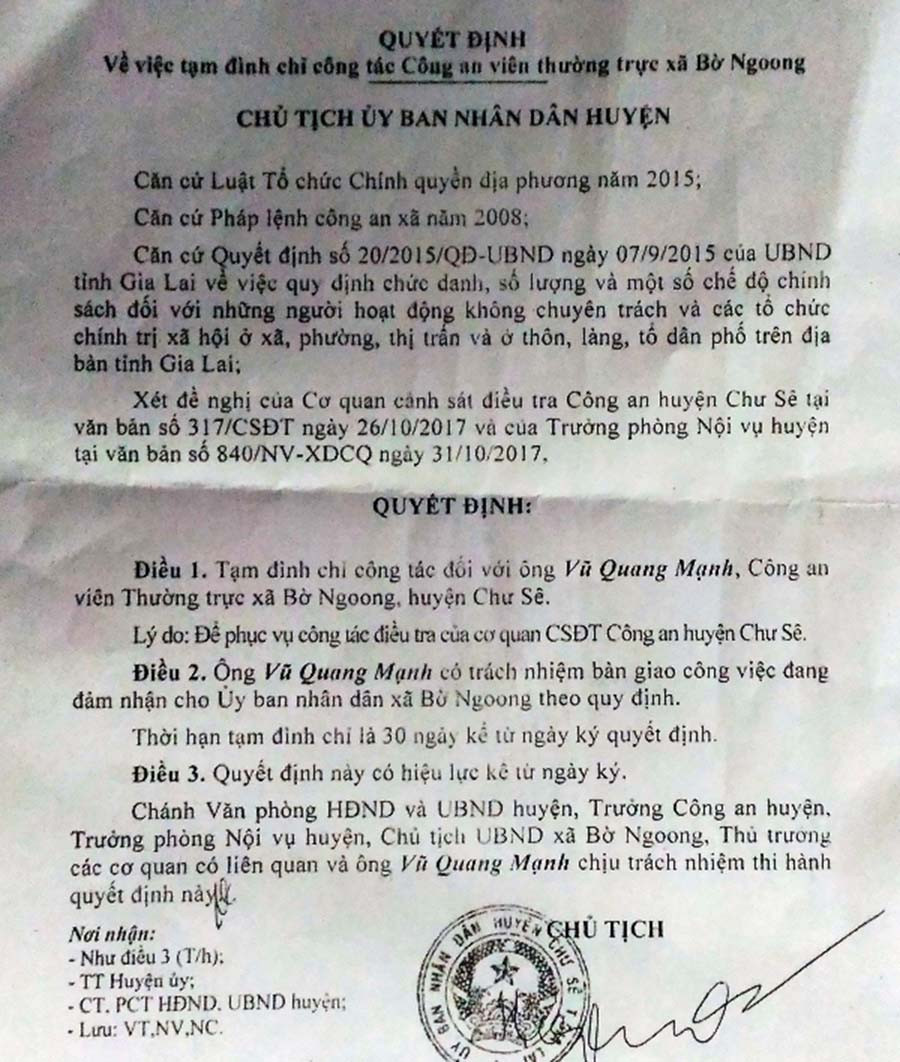  Quyết định về việc tạm đình chỉ công tác đối với ông Vũ Quang Mạnh.