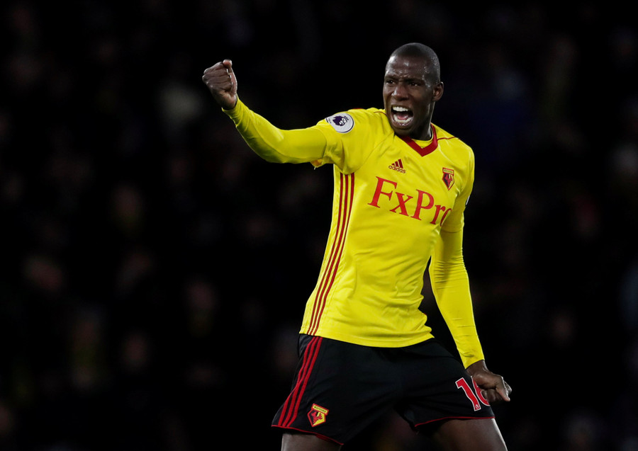 Niềm vui của Doucoure sau khi rút ngắn tỉ số xuống 2-3 cho Watford. Ảnh: REUTERS