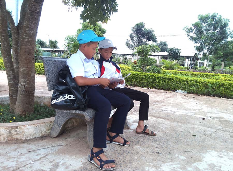 Học sinh tranh thủ ôn bài dưới bóng mát cây xanh trong sân trường. Ảnh: Minh Nguyễn Học sinh tranh thủ ôn bài dưới bóng mát cây xanh trong sân trường. Ảnh: Minh Nguyễn