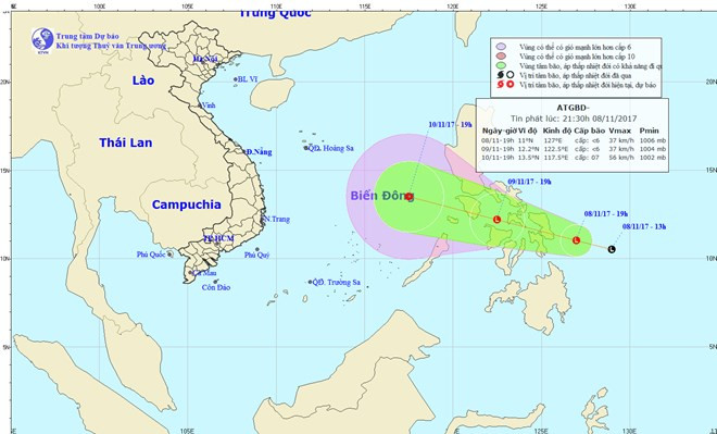 Đường đi và vị trí cơn bão. (Nguồn: nchmf.gov.vn) Đường đi và vị trí cơn bão. (Nguồn: nchmf.gov.vn)